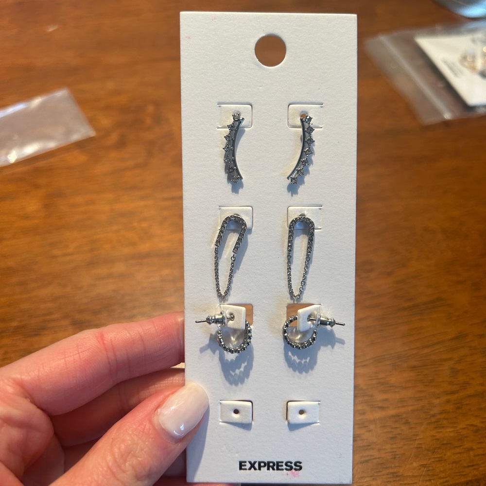 NWT Express Set of 3 Hoop and Drop Earrings Silver Tones